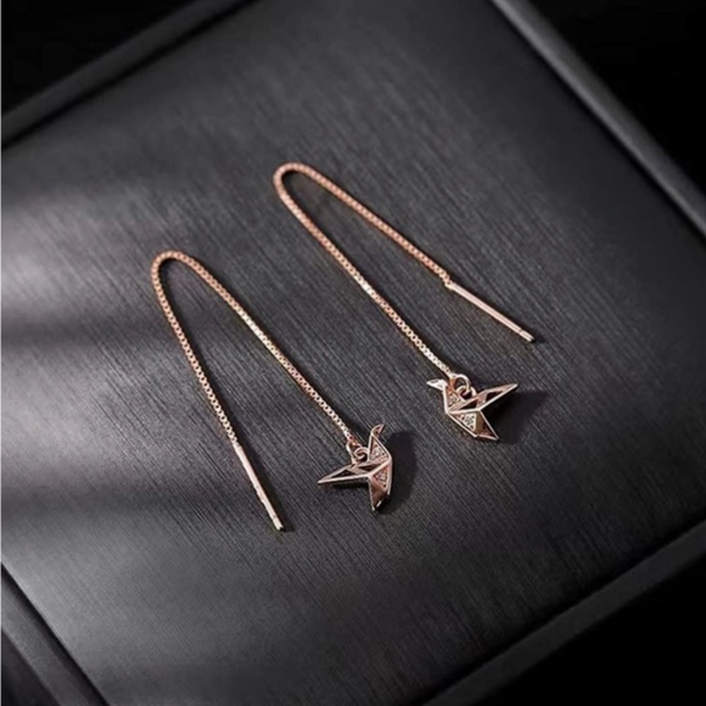 Origami Crane Bird Rose Gold Threader Earrings Delicate Long Chain Tassel